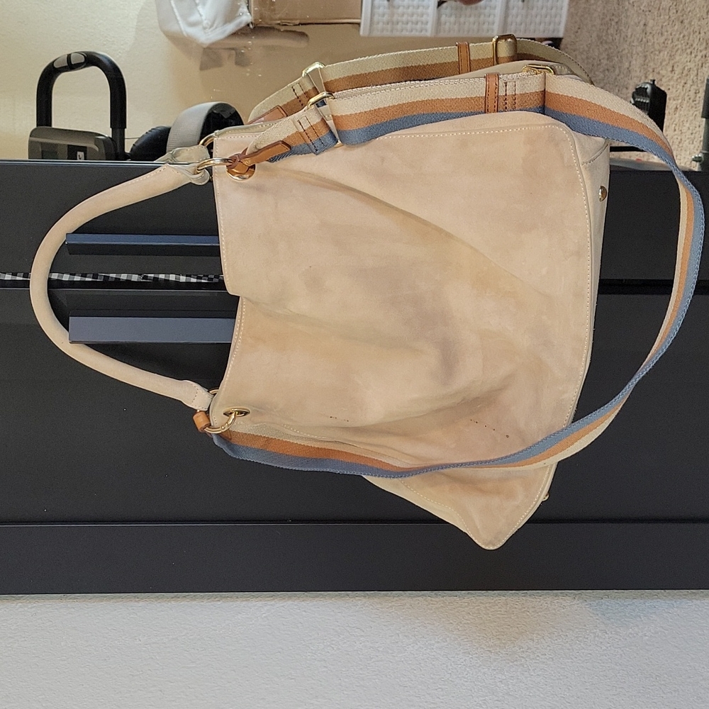 Mark & Graham Beige Suede Tote with Striped Shoulder Strap